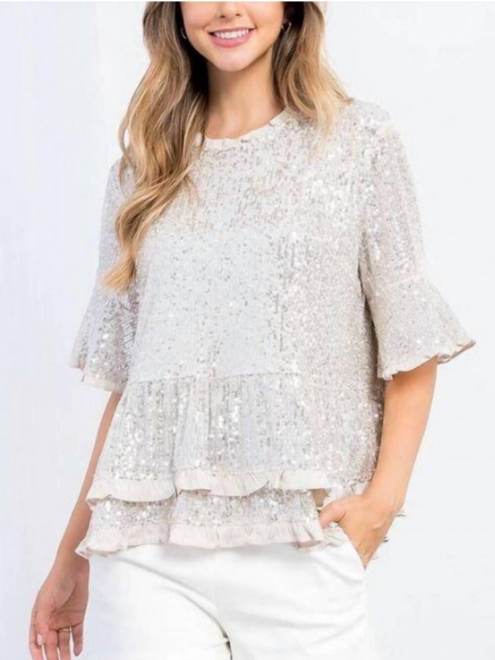 THML SZS Champagne Sequin Ruffle Peplum Top Party Wedding Guest Night Life Comfy